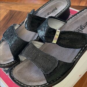Alegria Black Metallic Crackle Slide Sandals